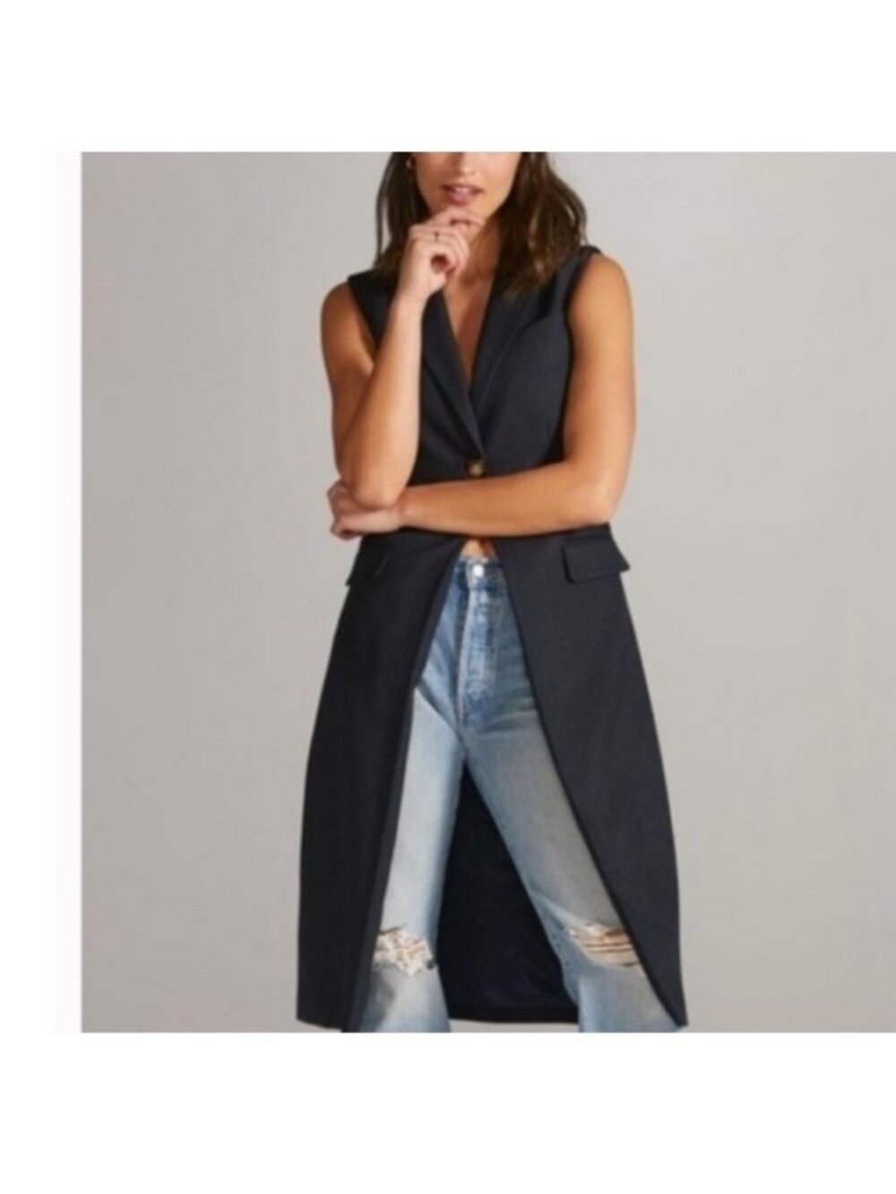 MARE MARE X ANTHROPOLOGIE Women’s Small Navy/Marin Long-line Button Dressy Vest - Picture 2 of 16